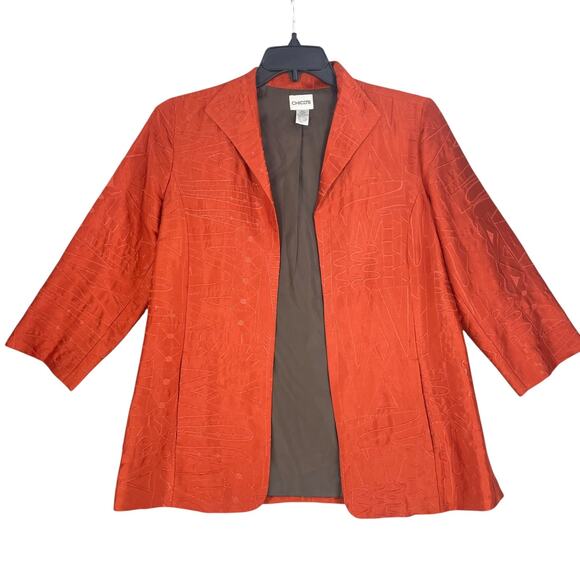 Chicos Jacket Womens Orange Silk Embroidered Sz 1/ Medium / 8 Open Front Boho - Picture 7 of 8